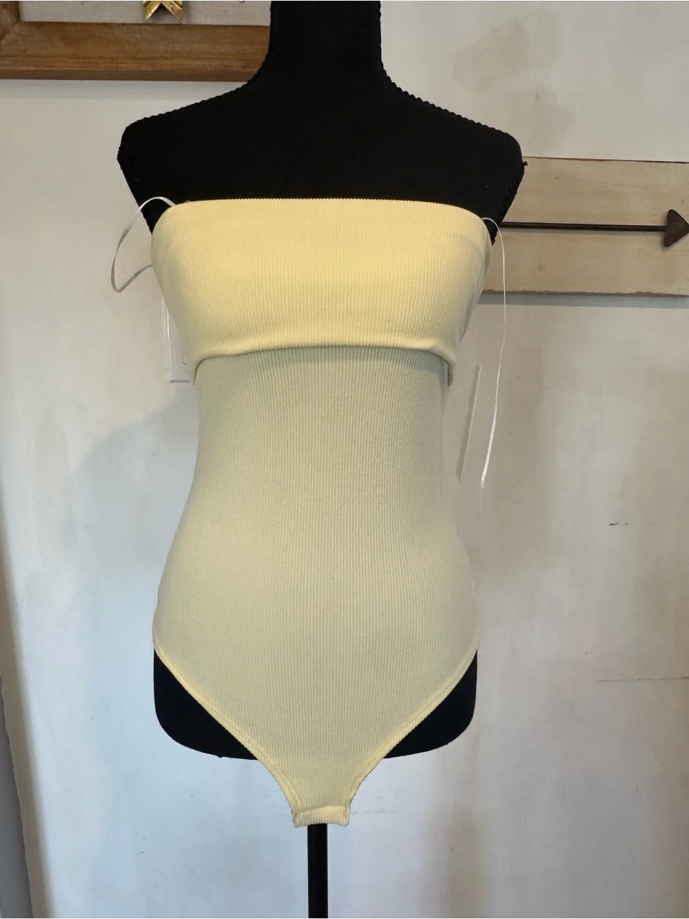 Girls' Strapless Ribbed One-Piece Bodysuit in Pale Yellow